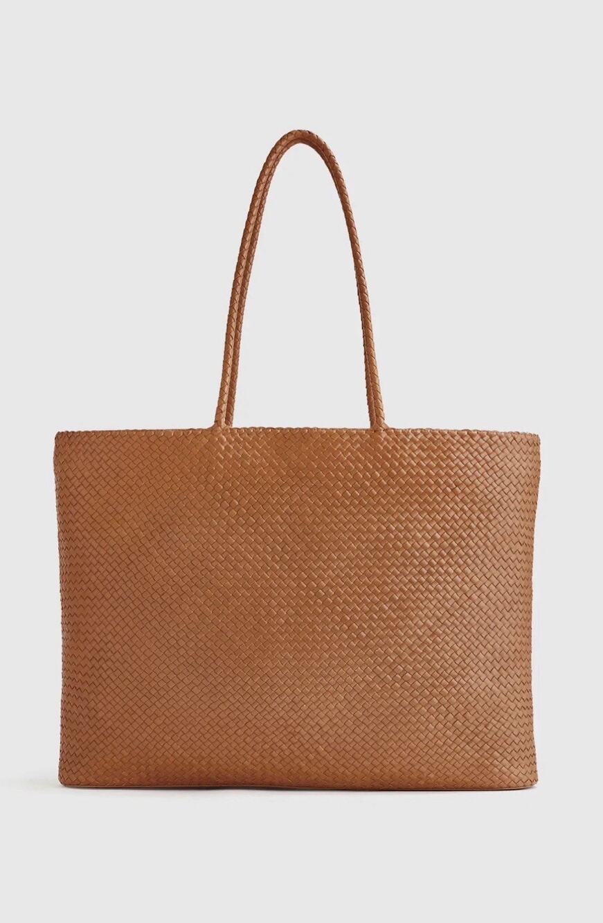 New QUINCE SIENA Leather Handwoven TOTE COGNAC Brown SHOULDER BAG MSRP $154